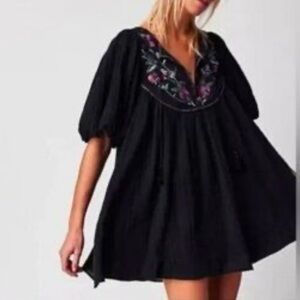 Free People NWT womans Rosa Black Dress with Floral Embroidery size S